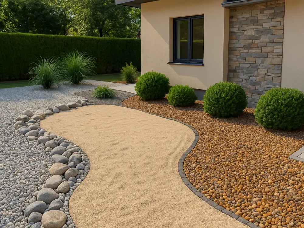 Proyecto de paisajismo con áridos de Escombros Áridos, que muestra un sendero de maicillo bordeado por bolones de río y zonas con gravilla decorativa de distintos colores.