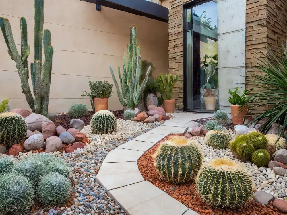 Composición de jardín desértico con cactus, plantas suculentas y piedras decorativas en tonos rojos y grises. Una opción ideal para paisajismo árido y moderno con los productos de Escombros Áridos.