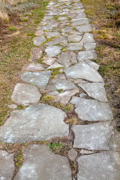 Sendero de jardín de estilo rústico, construido con piedra laja irregular y césped en las juntas, un producto para paisajismo de Escombros Áridos.