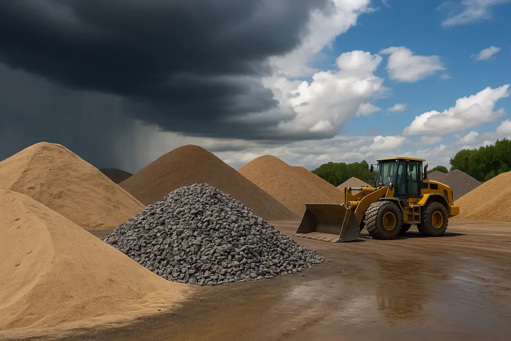 Gran depósito de Escombros Áridos mostrando diversas pilas de materiales como arena fina y grava, con un cargador frontal amarillo esperando a un lado bajo un cielo parcialmente nublado. Ideal para proyectos de construcción.