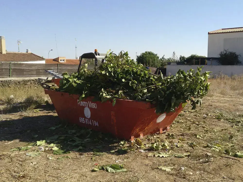 Retiro de ramas Puente Alto: contenedor rojo con residuos de poda y hojas acumuladas en terreno residencial, listos para cargar y trasladar a botadero autorizado.