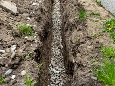 Zanja de drenaje en un jardín siendo rellenada en su base con grava para construcción de Escombros Áridos para mejorar la filtración de agua.