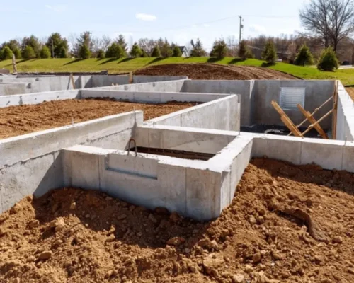Cimientos de hormigón para una nueva edificación, cuya base sólida depende de áridos de calidad como la grava y arena de Escombros Áridos.
