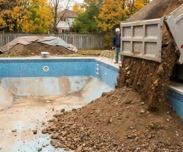 camion tirando tierra de relleno a una piscina para taparla